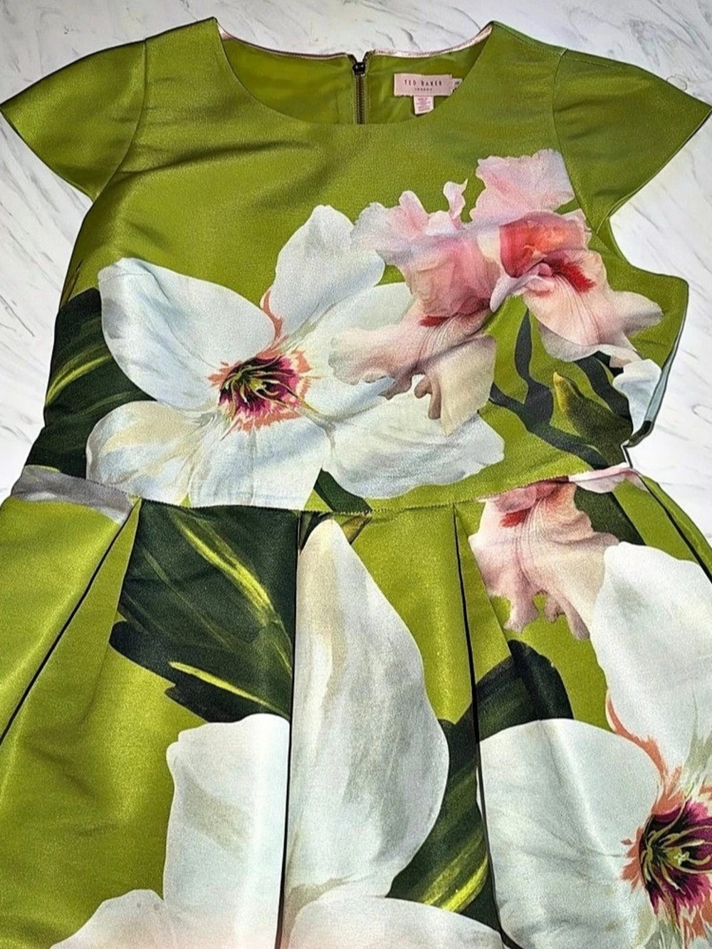 Ted Baker Floral Dress Green Pink fit n flare 4 Lynetta Chatsworth Bloom Skater